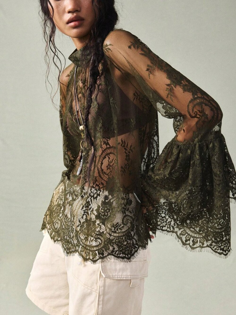 Army Green Boho Women's Mandarin Collar Raglan Sleeve Lace Blouse - Picture 6 of 7